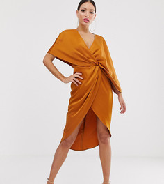 Атласное платье миди с широкими асимметричными рукавами ASOS DESIGN Tall-Бежевый