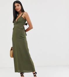 Льняное платье макси с узлом спереди и завязкой сзади ASOS DESIGN Tall-Зеленый