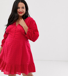 Чайное платье мини с глубоким вырезом, вышивкой ришелье и оборкой Neon Rose Plus-Красный