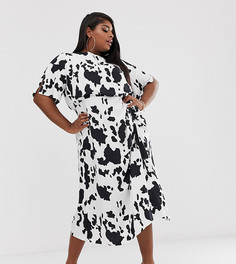 Платье миди с принтом и сборками на юбке ASOS DESIGN Curve-Мульти