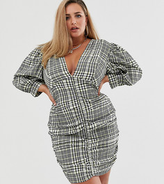 Клетчатое платье мини с пышными рукавами и драпировкой ASOS DESIGN Curve-Мульти