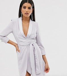 Короткое платье в стиле смокинга со сборками на рукавах ASOS DESIGN Tall-Серебряный