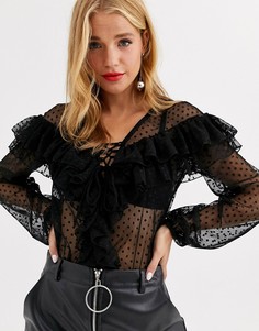 Боди из сетчатой ткани добби со шнуровкой ASOS DESIGN-Черный