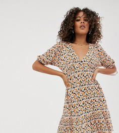 Чайное плиссированное платье мини с баской по краю и пестрым принтом ASOS DESIGN Tall-Мульти