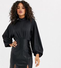 Платье-футляр миди с высоким воротом и атласным лифом ASOS DESIGN Tall-Черный