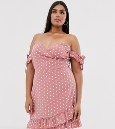 Розовое платье мини в горошек с открытыми плечами In The Style Plus x Dani Dyer-Мульти