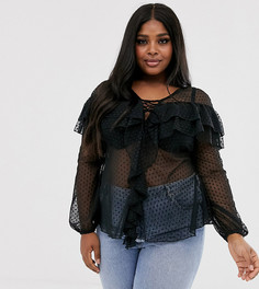 Сетчатый топ с завязкой и оборками ASOS DESIGN Curve-Черный
