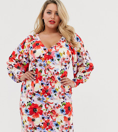 Чайное платье с цветочным принтом и пышными рукавами ASOS DESIGN Curve-Мульти