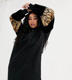 Трикотажное платье с леопардовыми вставками на рукавах ASOS DESIGN Curve-Мульти