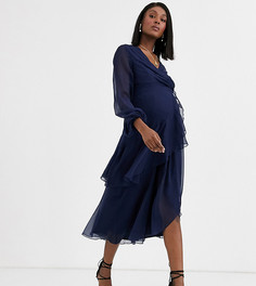 Платье миди с запахом, двухслойной юбкой и длинным рукавом ASOS Maternity-Мульти