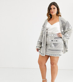 Мини-юбка с зеркальной отделкой и искусственным жемчугом ASOS EDITION Curve-Серебряный