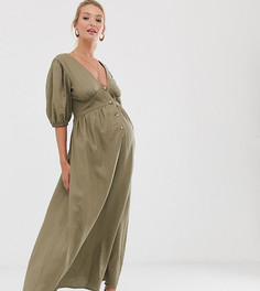 Льняное платье макси на пуговицах с перекрестами на спине ASOS DESIGN Maternity-Зеленый