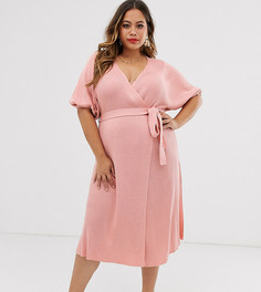 Трикотажное платье в рубчик с запахом и объемными рукавами ASOS DESIGN Curve-Розовый