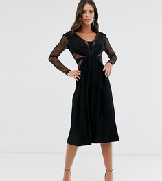 Плиссированное платье миди с длинными рукавами и кружевом ASOS DESIGN Tall-Черный