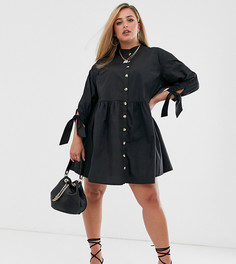 Свободное платье мини на пуговицах с завязками на рукавах ASOS DESIGN Curve-Черный