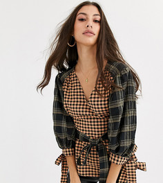 Топ в клетку с длинными рукавами и V-образным вырезом ASOS DESIGN Tall-Мульти