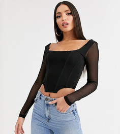 Черный топ в корсетном стиле с отделкой и сетчатыми длинными рукавами ASOS DESIGN Tall