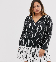 Свободное платье с воротником и монохромным принтом River Island Plus-Черный