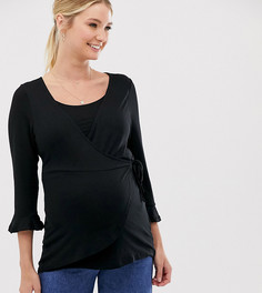 Черный топ для кормления с рукавами 3/4 и запахом New Look Maternity