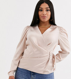 Атласный топ с запахом и длинными рукавами ASOS DESIGN Curve-Розовый