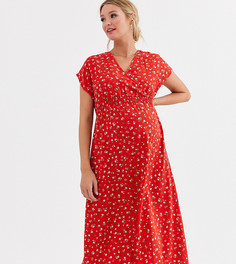 Красное платье миди с присборенной отделкой и цветочным принтом New Look Maternity-Красный