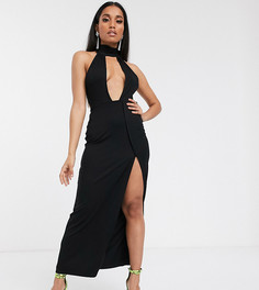 Черное вечернее платье макси с глубоким декольте ASOS DESIGN Petite-Черный