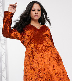 Бархатное платье мини с длинным рукавом и глубоким вырезом ASOS DESIGN Curve-Красный