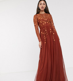 Сетчатое платье макси с длинными рукавами и вышивкой ASOS DESIGN Tall-Коричневый