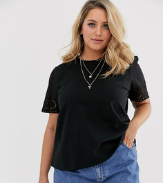 Черная футболка с вышивкой ришелье на рукавах ASOS DESIGN Curve-Черный