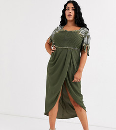 Платье миди цвета хаки с отделкой на плечах и драпировкой Virgos Lounge Plus-Зеленый