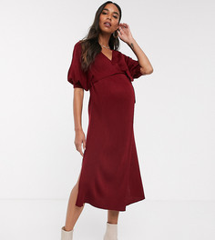 Трикотажное платье миди в рубчик с запахом и объемными рукавами ASOS DESIGN Maternity-Красный