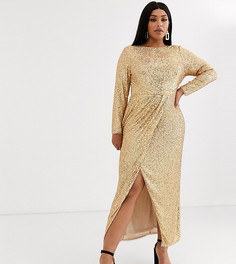 Золотистое платье макси с запахом и пайетками TFNC Plus-Золотой