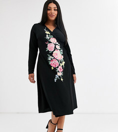 Платье миди с длинными рукавами и запахом ASOS DESIGN Curve-Черный