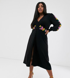 Чайное платье макси с длинными рукавами и вышивкой ASOS DESIGN Curve-Черный