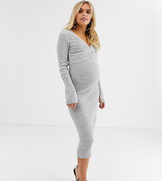 Платье миди с V-образным вырезом и плиссировкой ASOS DESIGN Maternity-Серый
