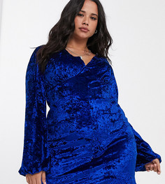 Бархатное платье мини с длинными рукавами ASOS DESIGN Curve-Синий