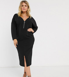 Платье на молнии с длинными рукавами и контрастными строчками ASOS DESIGN Curve-Черный