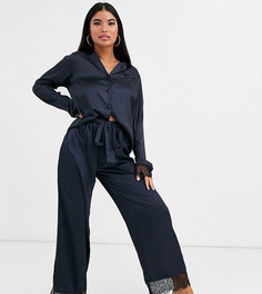 Атласные брюки от пижамы с кружевной отделкой ASOS DESIGN Petite-Синий