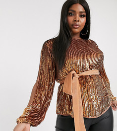Топ с рукавами "летучая мышь", пайетками и поясом ASOS DESIGN Curve-Зеленый