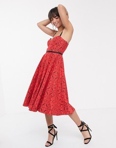 Кружевное платье для выпускного миди с ленточными бретельками ASOS DESIGN-Красный