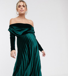 Бархатное платье миди с длинными рукавами и открытыми плечами ASOS DESIGN Maternity-Зеленый