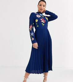 Плиссированное платье миди с вышивкой ASOS DESIGN Tall-Темно-синий