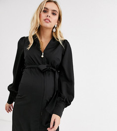 Черное платье мини в рубчик на молнии с искусственным жемчугом Fashion Union Maternity-Черный