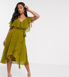 Платье миди с разрезами на рукавах и завязками на плечах ASOS DESIGN Petite-Зеленый