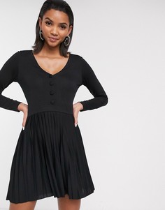 Черное плиссированное платье мини с длинными рукавами ASOS DESIGN-Черный