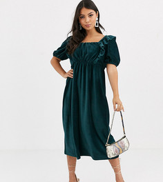 Зеленое вельветовое платье миди с оборками ASOS DESIGN Petite-Зеленый