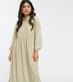 Зеленое свободное платье-рубашка с длинными рукавами и цветочным принтом ASOS DESIGN Petite-Мульти