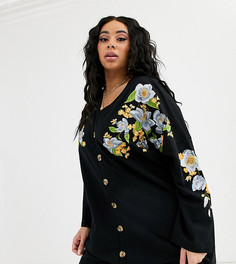 Трикотажное платье мини на пуговицах с вышивкой ASOS DESIGN Curve-Черный