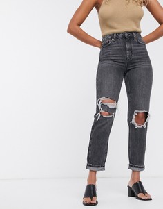 Черные выбеленные джинсы в винтажном стиле с прорехами Topshop-Черный