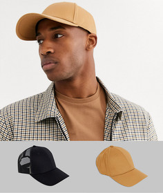 2 бейсболки со скидкой черного и бежевого цвета ASOS DESIGN-Черный
